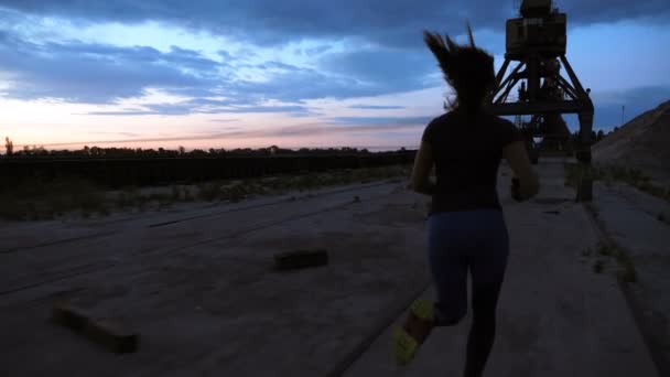 A young woman in a tracksuit jogging along the sand pier of the cargo port, in the twilight of the morning dawn. View from the back. a sky with clouds, cargo cranes, — ストック動画