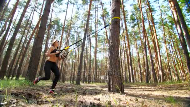 Mulher bonita, atlética, sexy jovem, treinador, instrutor, realiza exercícios, fazendo exercícios com sistema de fitness trx, correias de suspensão TRX. Na floresta de pinheiros, no verão, nos raios de sol . — Vídeo de Stock