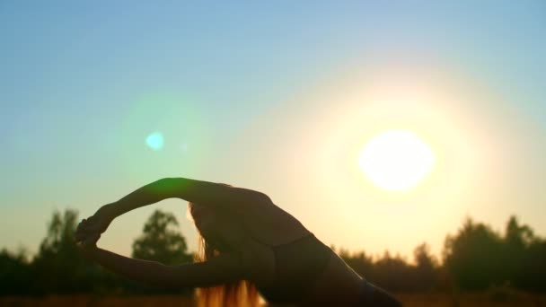 그림, 긴 금발 머리, 아름 다운, 운동 여자의 개요는 운동, 스트레칭, 석양, 푸른 하늘, 햇빛에서 대 한 여름에. — 비디오
