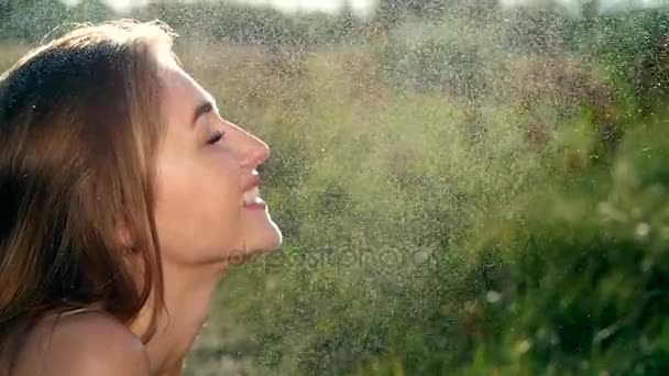 Porträt eines sexy, schönen jungen blonden Mädchens, unter leichtem Sommerregen, in den Sonnenstrahlen, auf einer grünen Wiese. Das Mädchen lächelt, ihre Haut glänzt, strahlt Gesundheit aus. Bild des Glücks — Stockvideo