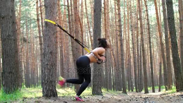 Mooie, sportieve, sexy jongedame, coach, instructeur, oefeningen, Oefeningen met fitness trx systeem, Trx suspension bandjes doet voert. In het dennenbos, in de zomer, in zonnestralen. — Stockvideo