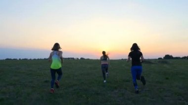 Güneş gözlüğü, taytlı,, zaman uyumlu olarak çalışır yeşil çayır güzel, atletik, genç kadınlarda alan. Yaz, koşu, gün batımı,