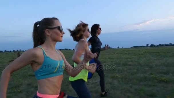 Schöne, athletische, junge Frauen mit Sonnenbrille, in Strumpfhosen, laufen synchron über die grüne Wiese, Feld. im Sommer, Joggen, Sonnenuntergang, — Stockvideo