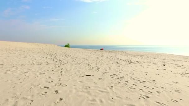 Donna sana, giovane e bella con gli occhiali da sole che medita, si allunga, pratica yoga sulla spiaggia, all'alba, fa esercizi per l'equilibrio, la coordinazione, il tono muscolare profondo . — Video Stock