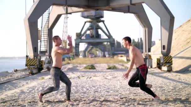 Young athletic men with bare, naked torsos fighting, one man beating, the other falls on his back, on the sand. a beach, in a cargo port, near large cargo cranes, at sunrise, in summer — Stock Video