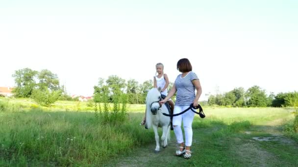 Мама і дочка ходити навколо поля, дочка їзда поні, матері тримає поні для вуздечка. Весела, щаслива сімейного відпочинку. На відкритому повітрі в літній період, поруч з лісом — стокове відео
