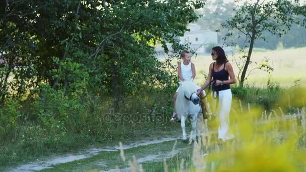 Uma mulher e um menino estão andando pelo campo, o filho está montando um pônei, a mãe está segurando um pônei por um freio. Férias alegres e felizes em família. Ao ar livre, no verão, perto da floresta — Vídeo de Stock