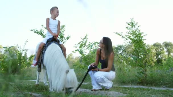 Bir kadın ve bir çocuk etrafında alanı yürüyor, oğlum bir midilli sürme, anne midilli a at başlığı için bekletme. Neşeli, mutlu aile tatili. Forest yakınındaki yaz aylarında açık havada — Stok video