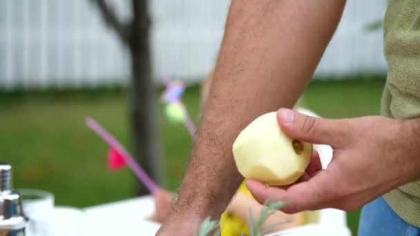 Zomer in de tuin, slow motion, close-up, mens handen, schil van een appel met een mes, snijd de schil. — Stockvideo