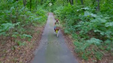 Yaz aylarında, orman, bir bisiklet sürme bir çocukla bir adam çocuk özel bir sandalyede oturuyor