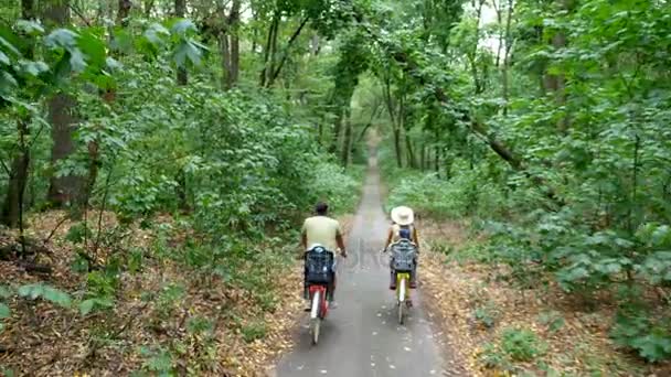 Französische Familie, Vater, Mutter in Hut und Kleid, mit einem Blumenkorb, zusammen mit kleinen Kindern, Fahrrad fahren, im Wald, im Sommer. — Stockvideo