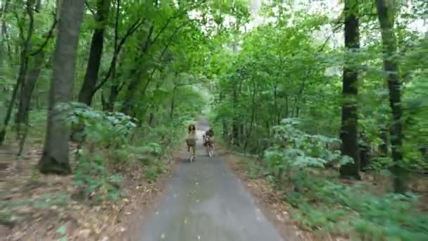 프랑스어 가족, 아버지, 어머니는 모자와 드레스, 작은 아이 함께 꽃 바구니에, 여름에는 숲에서 자전거를 타고. — 비디오