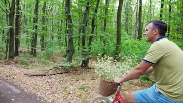 Un hombre con un niño en bicicleta en el bosque, en el verano, el niño está sentado en una silla especial — Vídeos de Stock