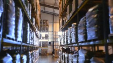 Yüksek raflar, malların tam ile büyük bir depo. Depo kurumsal, fabrika.