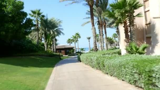 DUBAI, UNITED ARAB EMIRATES, Emirados Árabes Unidos - NOVEMBRO 20, 2017: Hotel Jumeirah Al Qasr Madinat, passeio matinal pelo hotel em um ônibus-bug, todos os verdes estão ao sol — Vídeo de Stock