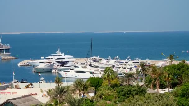 Dubai, Об'єднані Арабські Емірати, ОАЕ - 20 листопада 2017: Марина поблизу готелю Burj al Arab, є багато красивих швартується яхти — стокове відео