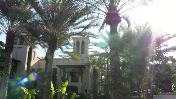 Dubai, Förenade Arabemiraten, Uae - 20 November 2017: Hotel Jumeirah Dar Al Masyaf Madinat, morgonpromenad runt hotellet, alla gröna är i solskenet — Stockvideo
