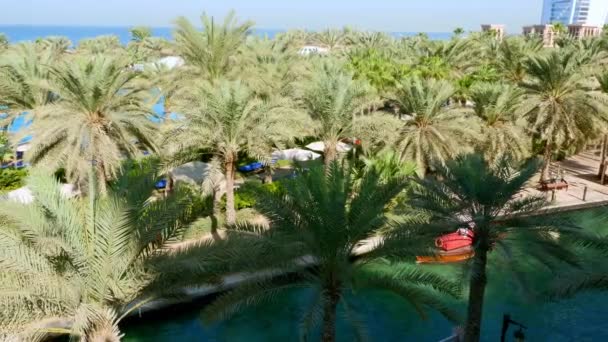 ВИДЕО, 20 НОЯБРЯ 2017: Вид на роскошный 5-звездочный отель JUMEIH Al Qasr Madinat, недалеко от Бурдж-эль-Араб. курорт с собственными искусственными каналами, садами — стоковое видео