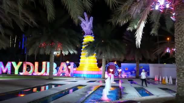 DUBAI, EMIRATOS ÁRABES UNIDOS, Emiratos Árabes Unidos - 20 de noviembre de 2017: Dubai Garden Glow park iluminado por la noche . — Vídeos de Stock