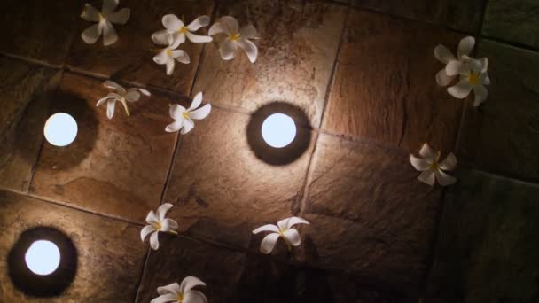 Close up, beautiful night decor on the floor, arranged candles and laid out flowers, white magnolias, romantic atmosphere, evening, honeymoon — Stock Video