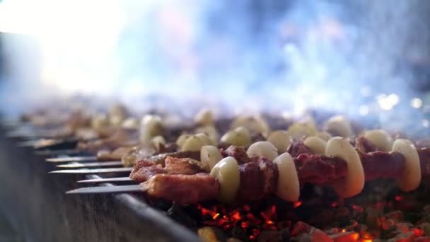 Cocinar kebab a la parrilla en brocheta de metal de cerca. Carne asada cocinada en barbacoa. Parrilla en carbón y llama, picnic, comida callejera — Vídeo de stock