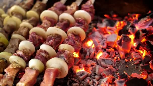 Ražniči z vepřové na jehle, smažené na uhlí. zblízka. Gril na dřevěné uhlí a plamen, piknik, pouliční stánky s jídlem — Stock video