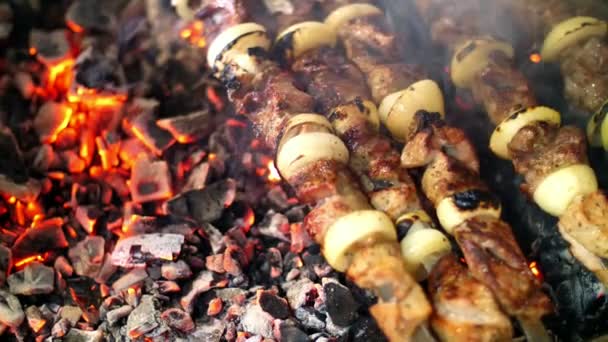 Гриль кебаб приготовления на металлическом шампуре близко. Жареное мясо, приготовленное на барбекю. Гриль на угле и пламени, пикник, уличная еда — стоковое видео