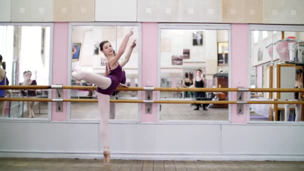 En salón de baile, Joven bailarina en maillot púrpura realiza actitud de desarrollo en zapatos puntiagudos, levanta su pierna hacia arriba detrás elegantemente, de pie cerca de la barra en el espejo en la clase de ballet . — Vídeo de stock