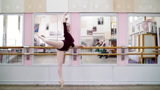 在舞厅里, 穿着紫色紧身衣的年轻芭蕾舞女演员对着脚鞋表现出 developpe 的态度, 优雅地抬起她的腿, 站在镜子旁的芭蕾课边上。. — 图库视频影像