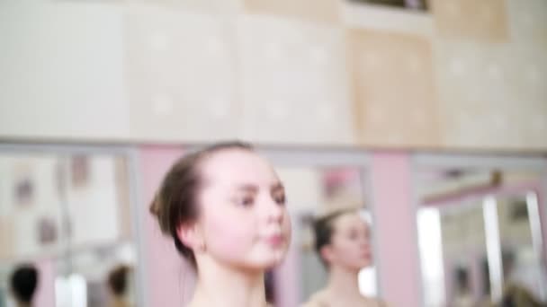 Dans la salle de danse, Jeune ballerine en justaucorps violet effectue un certain exercice de ballet, première position des mains , — Video