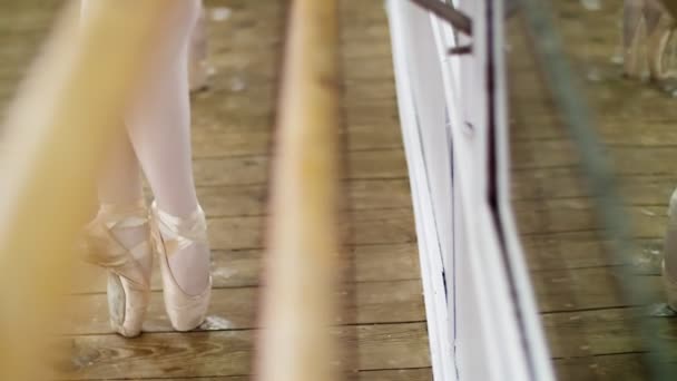 Zavřít, v taneční sál, mladé baletky v purpurové trikotu provádět pas de bourre suivi v páté pozice, stojící na prsty v pointe boty poblíž barre na zrcadla v baletních... — Stock video