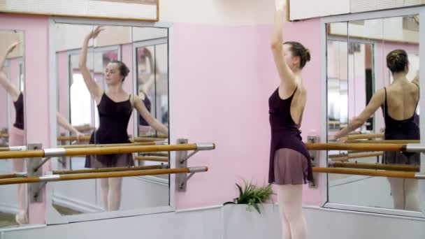 Dans la salle de danse, Jeune ballerine en justaucorps violet exécute avec élégance un certain exercice de ballet, grand battement arrière, debout près de la barre au miroir dans la classe de ballet . — Video