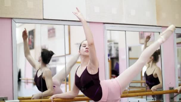 I Dans hall, utför unga ballerina i lila trikåer elegant en viss balett träning, grand battement rygg, stående nära barre på spegel i balett klass. — Stockvideo