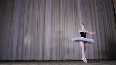 eski tiyatro salonu sahnesinde bale prova. Beyaz bale ayakkabıları, tutu ve pointe içinde genç balerin dans ediyor zarif belirli bale hareket, glissad tr tornant