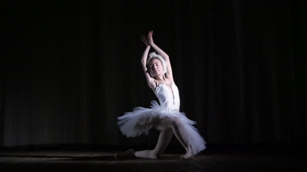 Im Scheinwerferlicht auf der Bühne des alten Theatersaals. junge Ballerina im Anzug aus weißem Schwan und Spitzenschuhen, tanzt elegant bestimmte Ballettbewegungen, part de bras — Stockvideo