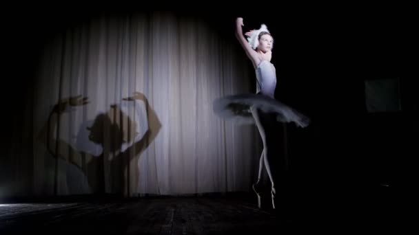 Στις ακτίνες του spotlight, στη σκηνή της αίθουσας παλιό θέατρο. Νέοι μπαλαρίνα στο κοστούμι του λευκού κύκνου και υποδήματα pointe, χορεύει κομψά ορισμένων κίνηση μπαλέτο, λίμνη των Κύκνων — Αρχείο Βίντεο
