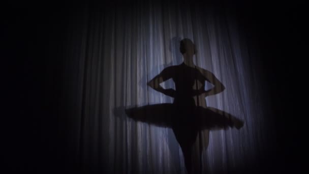 Sul palco della vecchia sala del teatro c'è un'ombra danzante ballerina in tutù balletto, sotto i raggi dei riflettori,. danza elegantemente certo movimento di balletto, Lago dei cigni — Video Stock