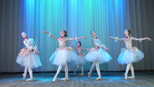 Ensayo de ballet, en el escenario de la antigua sala de teatro. Bailarinas jóvenes en vestidos elegantes y zapatos puntiagudos, bailan con elegancia ciertos movimientos de ballet, pasan, arco escénico — Vídeo de stock