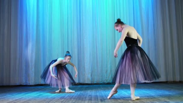 Ensayo de ballet, en el escenario de la antigua sala de teatro. Bailarinas jóvenes en negro lila elegantes vestidos y zapatos de punta, bailar con elegancia cierto movimiento de ballet, arabesco — Vídeos de Stock