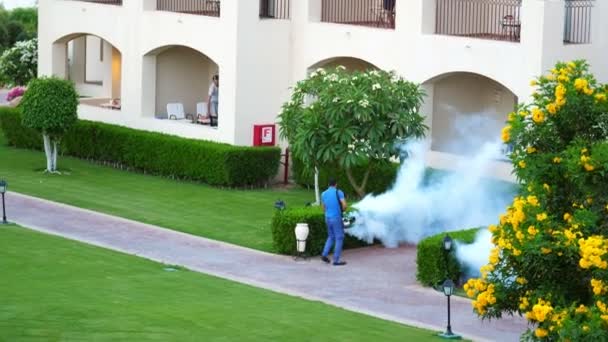 SHARM EL SHEIKH, EGITO - 5 de abril de 2018: Hotel Jaz Belvedere. O homem trabalha embaçando para eliminar mosquitos com uma máquina de fumaça especial. nuvens de fumaça branca subir — Vídeo de Stock