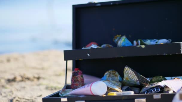 In a special bag, a suitcase, a lot of different tubes with oil and acrylic paints of different colors lie. against the background of sand and water, close-up — Stock Video