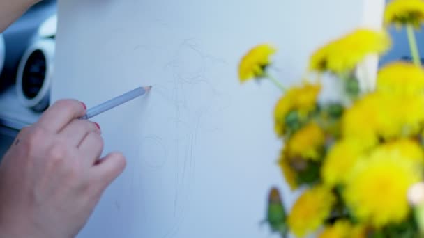 Gros plan d'un croquis au crayon d'un bouquet de pissenlits jaunes, puisant dans la nature, le processus créatif du dessin , — Video