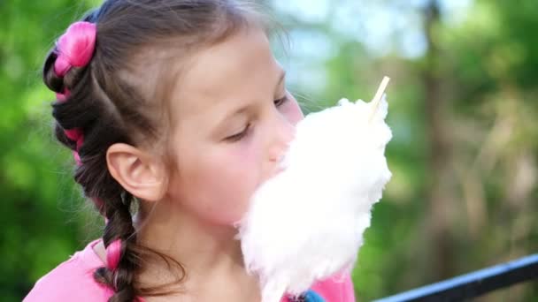 Retrato, chica bonita de ocho años, rubia, con pecas, y coletas multicolores, come algodón blanco dulce, algodón de azúcar, hilo de azúcar. divertirse, en el parque de la ciudad, en verano — Vídeo de stock