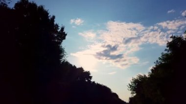 Bulutlu mavi gökyüzü. hareket eden siyah ağaç çizgileri. Hareket halindeki bir arabanın ön camından görüntü.