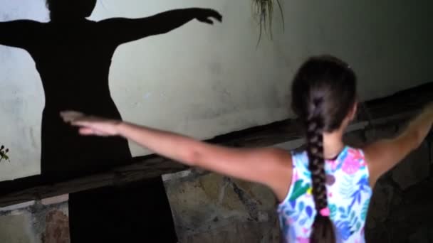 Black shadow of a girl dancing at night, against the light. the beautiful, graceful movements of her hands. — Stock Video