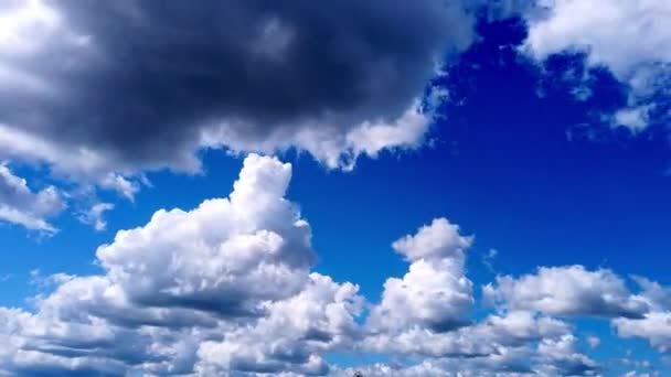 Время, белые, красивые воздушные облака бегут против голубого неба . — стоковое видео