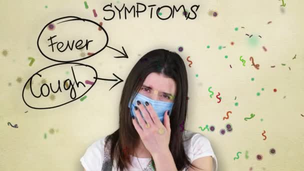 Cold and flu symptoms. coronovirus symptoms. a sick girl in a blue medical bandage coughs, shows a headache, poor health. various bacteria, viruses fly in background. — Stock video