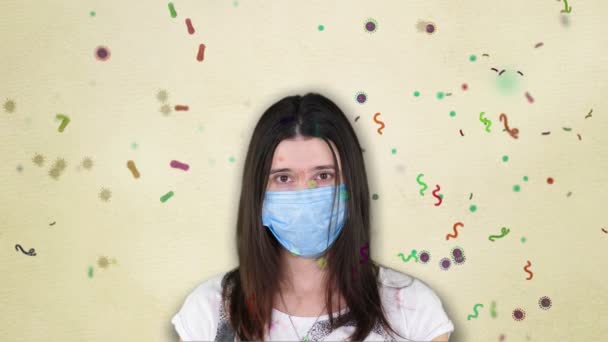 Niña en un vendaje médico azul en el fondo de vuelo de varias bacterias, virus. posible concepto de propagación de coronavirus, gripe, enfermedades respiratorias y virales — Vídeo de stock