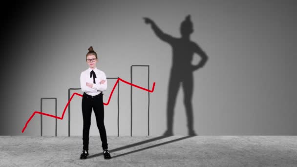 Smart Teenager girl pretends to be businessman, super hero with successful ideas. Imagination and motivation , start up, business idea concept. growing drawn graphics background. dancing shadow on — Stock video