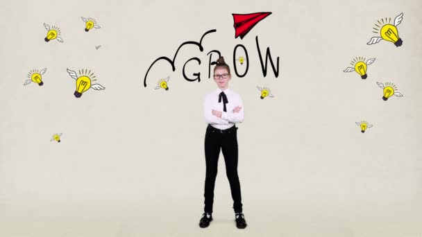 Smart Teenager girl in glasses ponders a successful idea, draws success growth concept in her imagination. Education, motivation, start up and business idea concept — Stock Video